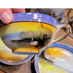 Vintage Teacup and Saucer Set Swan Crane Landscape Oriental Design